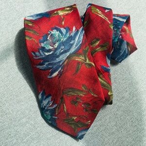 100% Silk Tie Necktie Red Blue Floral Rose Zylos George Machado Formal Office